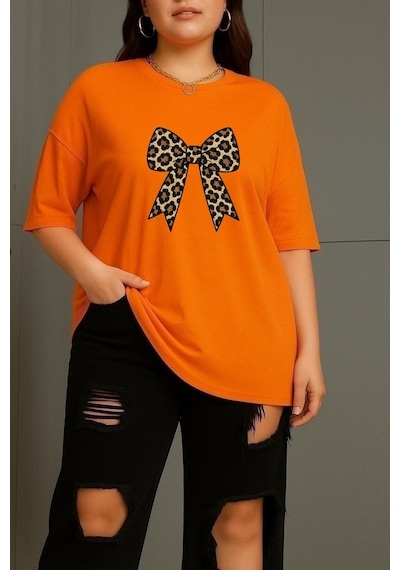 Büyük Leopar Desenli Klurdela Baskılı Unisex Tişört Turuncu