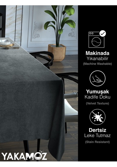 Gümüş Grisi Kadife Dokulu Masa Örtüsü Dertsiz Velvet Touch Serisi Gümüş Grisi
