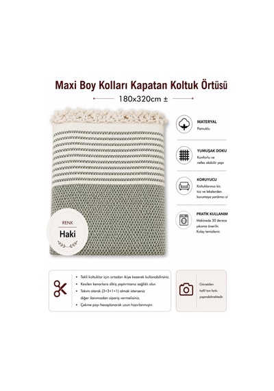 Pamuklu Kaymaz Hasır Dokuma Maxi Boy Kolları Örten Koltuk Örtüsü 180x310 - Haki Yeşili