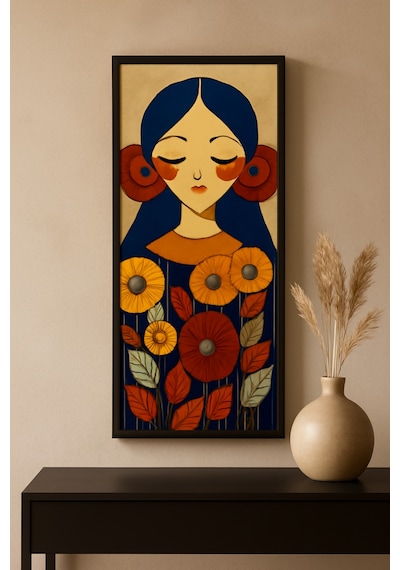 Dekoratif Duvar Tablosu 25 X 60 Cm Siyah Ahşap Çerçeve Kadın Figürlü