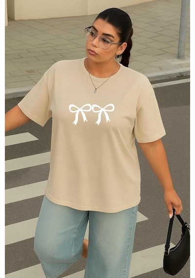 Büyük Beden 2 Li Kurdela Baskılı Unisex Tişört Bej