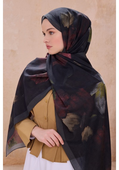Belli Fresh Çiçek Desen Vintage Şal 1 Siyah