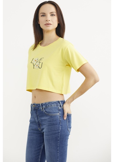 Oversize Baskılı Crop Tişört - Sarı Sarı