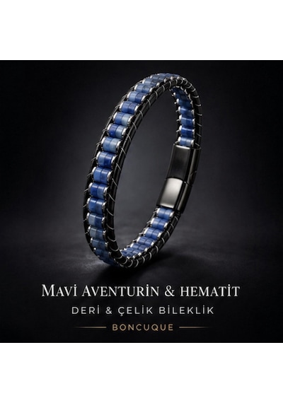 Mavi Aventurin Ve Hematit Doğaltaş Deri & Çelik Örgü Erkek Bileklik Premium Tasarım