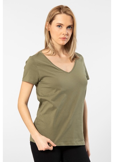 Wtshirt Milano Kısa Kol Derin V Yaka Kadın T-shirt Haki 001