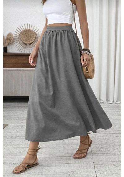 Defymoda Kadın Beli Lastikli Paraşüt Kumaş Etek Gri