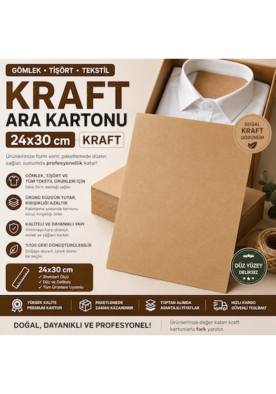 Premium Kraft Gömlek Ara Kartonu 24x30 Cm 500'lü Kazak, Tişört Ve Tekstil Ürünleri İçin