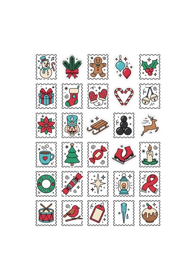 30 Adet Nostaljik Yılbaşı Pul Sticker Seti - Laptop Defter Ve Ajanda İçin Çok Renkli