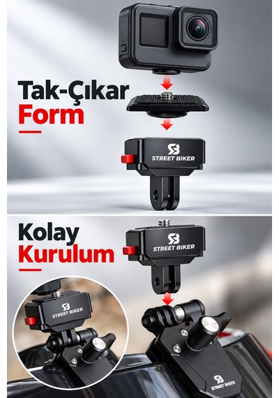 Acqr-01 Aksiyon Kamera Adaptörü 1/4 İnç Vidalı, Çatal Bağlantılı, Hızlı Tak Çıkar Siyah