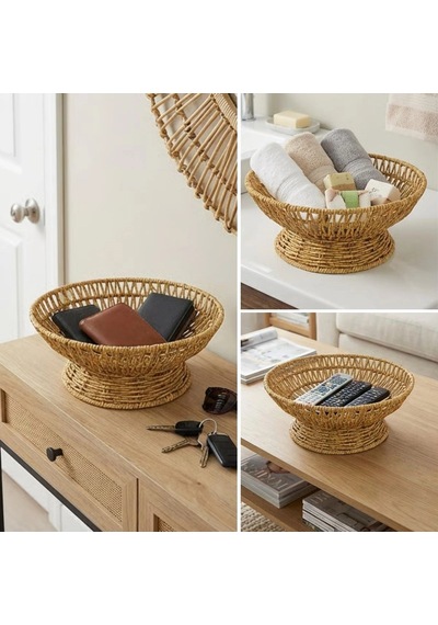 25 Cm Plastik Rattan Servis Çanağı Doğal Hasır Görünümlü Dekoratif Meyve, Ekmek Ve Sunum Kasesi 5047