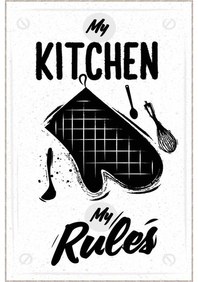 Beyaz Kaymaz Tabanlı My Kitchen My Rules Mutfak Halısı Ar846n11