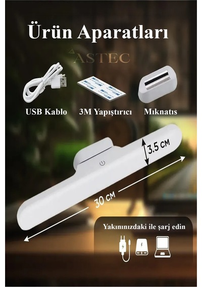 Astec Şarjlı Led Işık Dokunmatik Kablosuz Mıknatıslı 3 Renk Işık Dimli Kaliteli Beyaz