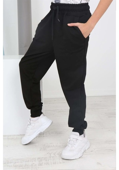 Markahit Düz Model Beli Lastik Detaylı Erkek Çocuk Eşofman Altı Siyah