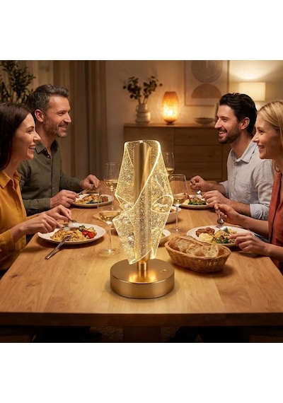Çapraz Kavisli Ters Kristal Simli Led Masa Lambası Gold Gövdeli, Dokunmatik, 3 Kademe Işık Ayarlı Şarjlı Dekoratif Lamba 5570 Beyaz