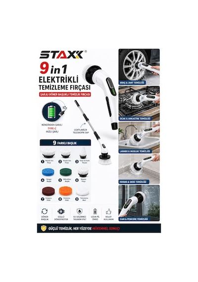 Staxx St9ınay Şarjlı Ve Elektrikli Temizlik Fırçası Turbo Dönüş Teknolojisi Ipx7 Su Geçirmez