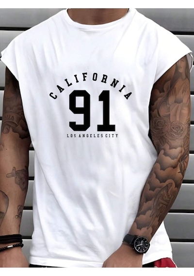 Altamira Erkek Beyaz California 91 Baskılı Kolsuz T-shirt 001