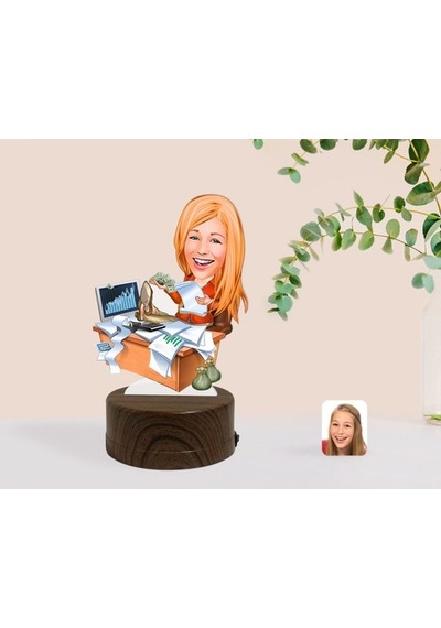 Kişiye Özel Kadın Bankacı Karikatürlü Dekoratif 3D Biblo Led Işık