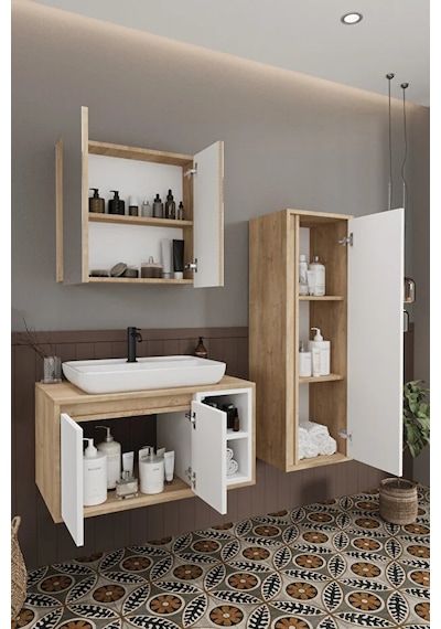 Lale Beyaz 80 Cm %100 Mdf Lavabolu Banyo Dolabı + Aynalı Dolap+ Boy Dolabı Beyaz Meşe