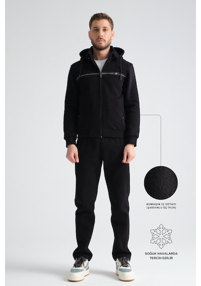 Shooter Sportswear Shooter Erkek Kışlık Eşofman Takımı Şardonlu Üç Iplik Kapüşonlu Regular Kalıp Siyah