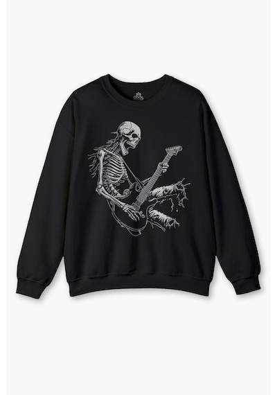 So Cool Siyah Sweatshirt Skeleton Playing Guitar Heavy Metal Skull I Skelet Gitar Rock Siyah Baskılı Sweat Siyah