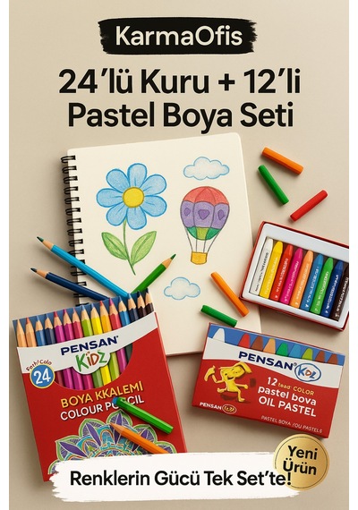 24 Lü Kuru Boya + 12 Li Pastel Boya Seti Canlı Renkler, Yumuşak Uçlu
