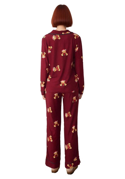 Ersefa Kadın Ayıcık Desenli Pijama Takımı Gömlek Yaka Uzun Fonksiyonel D Mürdüm