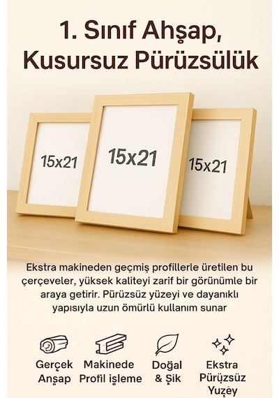 Ahşap Fotoğraf Çerçevesi 15x21 Cm 1. Sınıf Pürüzsüz Yüzey Masaüstü & Dekoratif