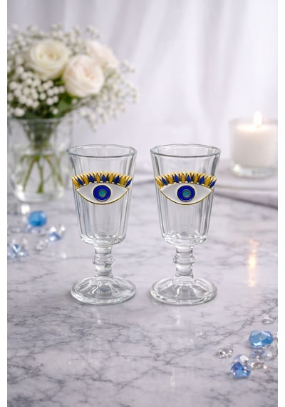 6 Lı Kristal Cam Kahve Yanı Bardağı Nazar Göz Bardak Flüt 75ml Şeffaf