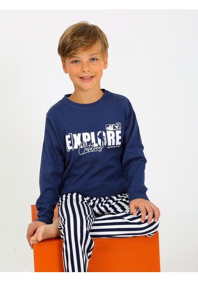 Vitmo Erkek Çocuk Uzun Kollu %100 Pamuklu Pijama Takımı Explore İndigo İndigo