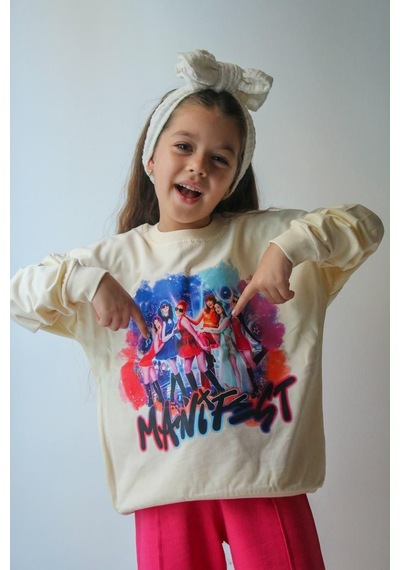 Mila Mood Kız Çocuk Fuşya Bol Paça Eşofman Takımı Manifest Baskılı Ekru Sweatshirt 2'li Takım Ekru- Pembe