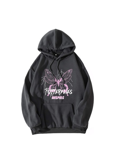 Tarzsokak Slogan And Butterfly Print Drawstring Kangaroo Pocket Hoodie Gri