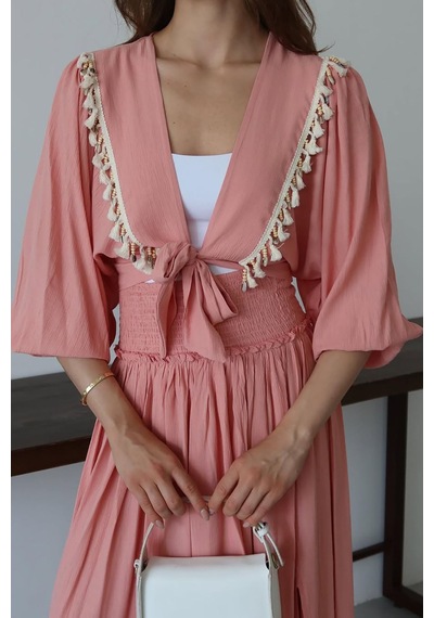 Neşeli Butik Kadın Püskül Detaylı Yırtmaçlı Bohem Takım Nbnp015 Pembe