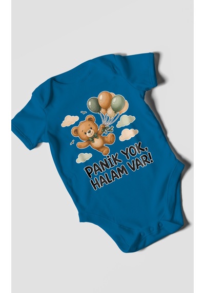 Morivokids Panik Yok, Halam Var Kısa Kollu Bebek Body %100 Pamuk Koyu Mavi