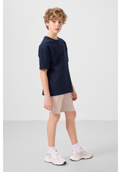 Lacivert-taş Pamuklu Oversize Fit Dokuma Hafif Esnek Chino Erkek Çocuk Şort Takım - 11279 Lacivert