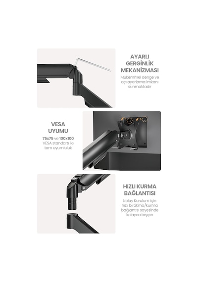 Monitör Kolu Vesa Uyumlu Hareket Ayarlanabilir Monitör Standı 17-32" 9kg Kapasite Tutucu Tek Kollu