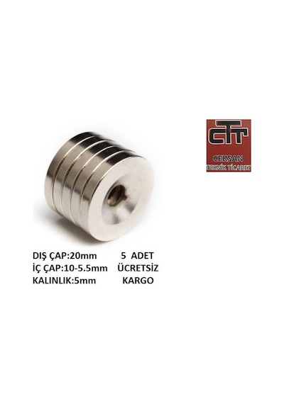 Ceksancivata 5 Adet 20Mm X 10-5Mm X 5Mm Havşa Delikli Güçlü Neodyum Miknatis