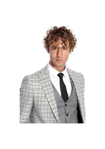 Wessi Gri Yelekli Slim Fit Ekose Açık Gri Erkek Takım Elbise Açık Gri