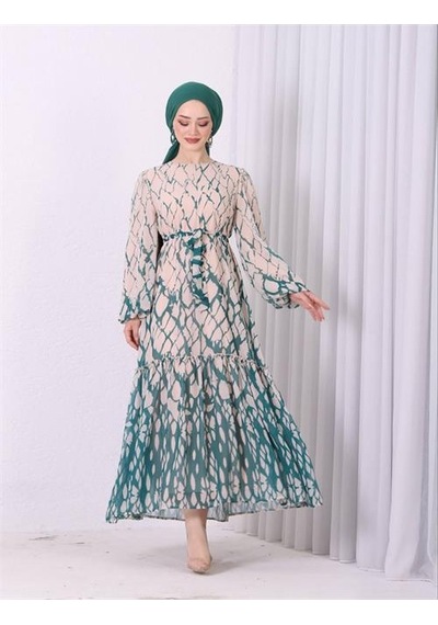 Neşeli Butik Kadın Şifon Eteği Fırfırlı Desenli Tesettür Elbise Sms008 Yeşil