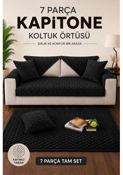 7 Parça Kaymaz Taban Kapitone Koltuk Örtüsü Takımı Çekyat Kanepe Seti Siyah Siyah