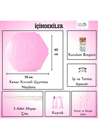 Uçurtma Yapım Seti / Naylon Altıgen / Ahşap Çıtalı / Pembe