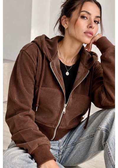 Bb Butik Basic Selanik Dokulu Fermuarlı Kapüşonlu Kadın Sweatshirt My3535 Kahverengi