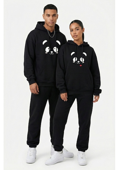 Nevermind Unisex Sevgili Çift Kombini Oversize Panda Baskılı Çift Hoodie Siyah