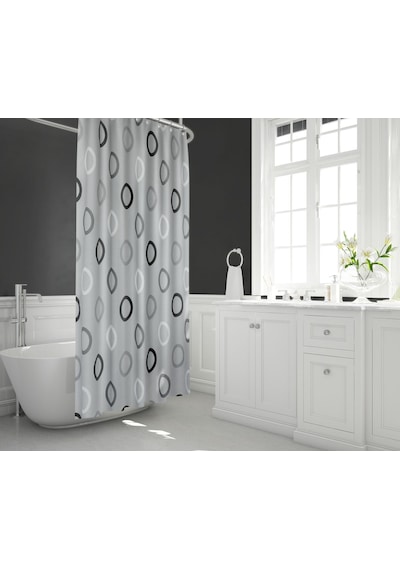 Polyester Kumaş Geometrik Desen Gri Banyo Perdesi + Askı Aparatı C-halkalı Duş Perdesi Gri
