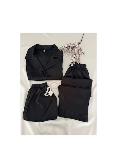 Mh Moony Homewears 3'lü Siyah Yumuşacık Saten Pijama Takımı Siyah