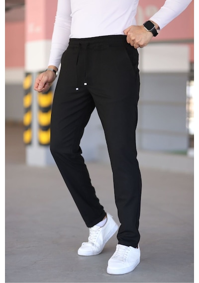 Bürke Erkek Siyah Renk Beli Lastikli Bağcıklı Esnek Fitted Jogger Pantolon Kumaş Pantolon