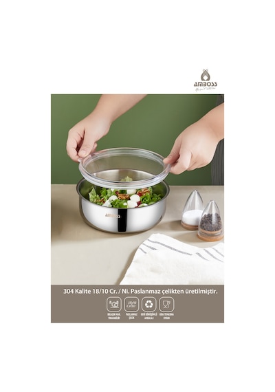 Steelbox 2 Parça Paslanmaz Çelik Şeffaf Kapaklı Saklama Kabı 18 Cm Gri