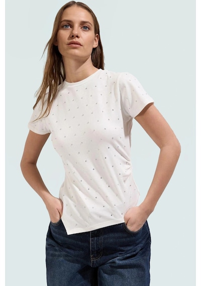 Ersefa Asimetrik Taşlı T Shirt Pamuklu Fitted Yazlık Dayanıklı Malzeme M Beyaz
