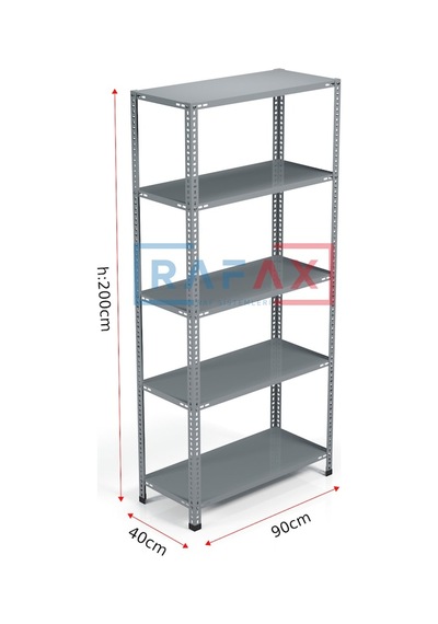 Rafax, 40x90xH:200, 5 Raflı Çelik Raf, Depo Rafı, Arşiv Rafı Gri