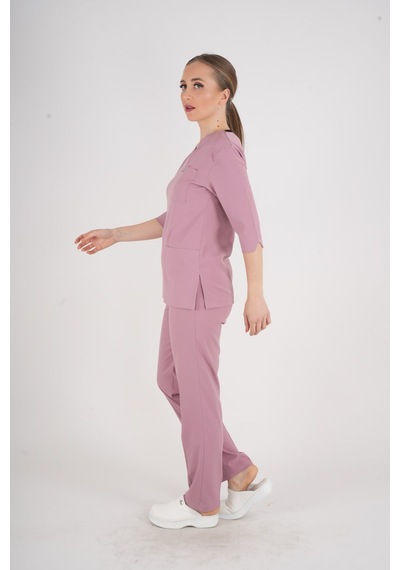 Unisex Pudra Violet Model Scrubs Takım Doktor Hemşire Üniforması Pudra