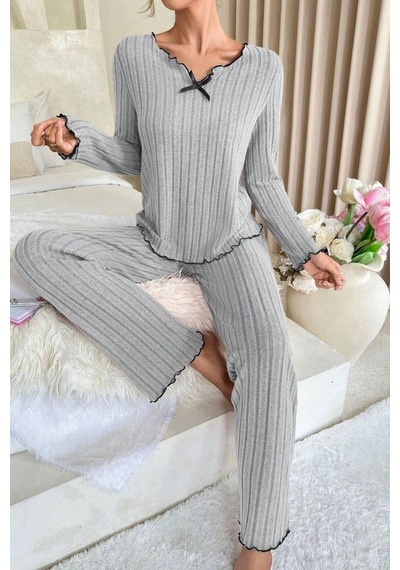 Moda Dua Kadın Gri Çizgili Uzun Kollu Fiyonk Detaylı Pijama Takımı Rahat Mevsimlik